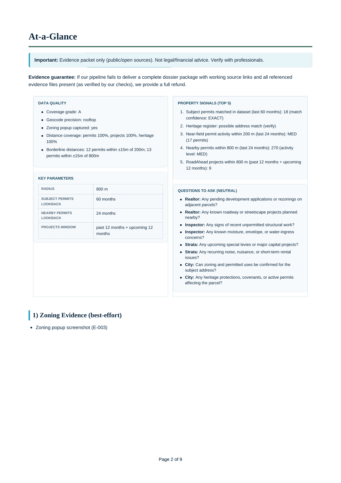 Cover + At-a-Glance sample page (redacted)
